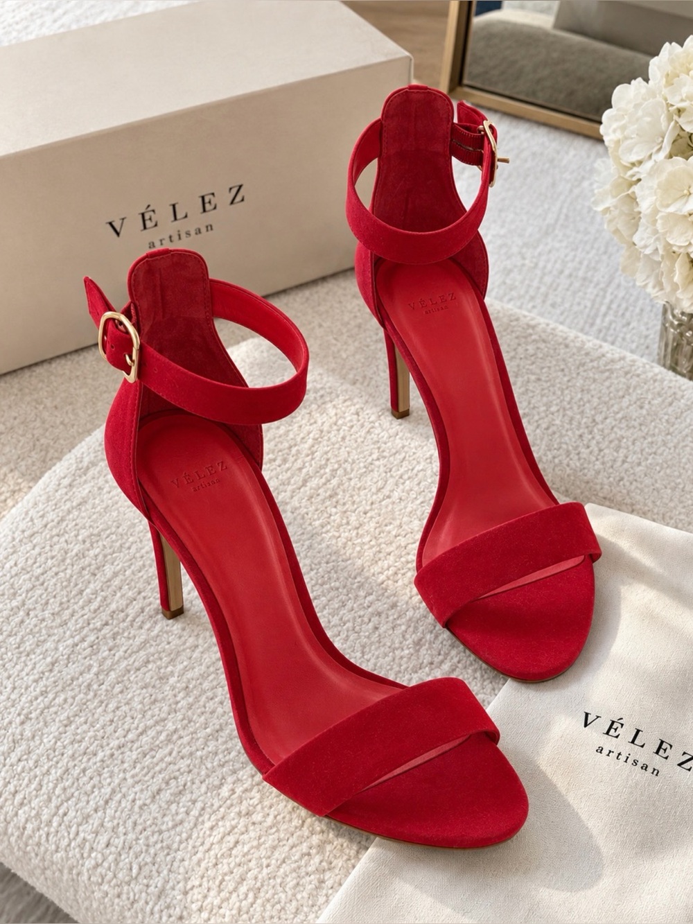 Red Suede Ankle-Strap Stiletto Sandals